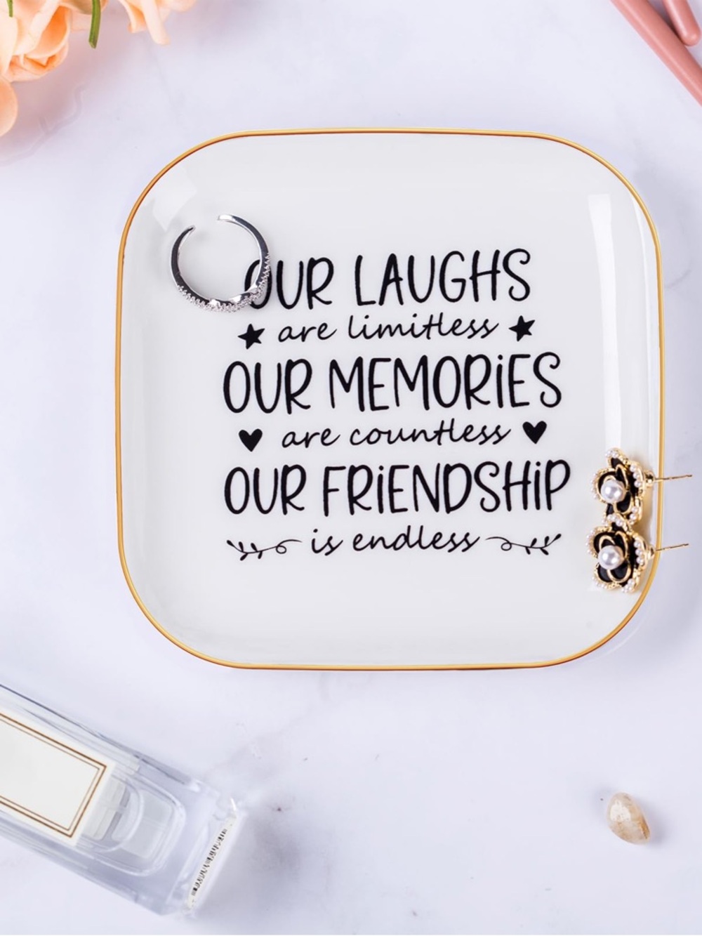 Friendship Quote Trinket Dish - White with Gold Trim